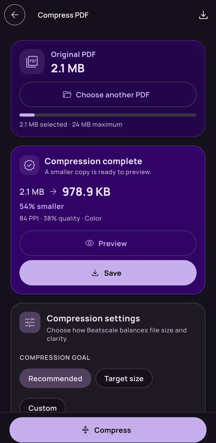Beatscale PDF compression screen with a completed compression result