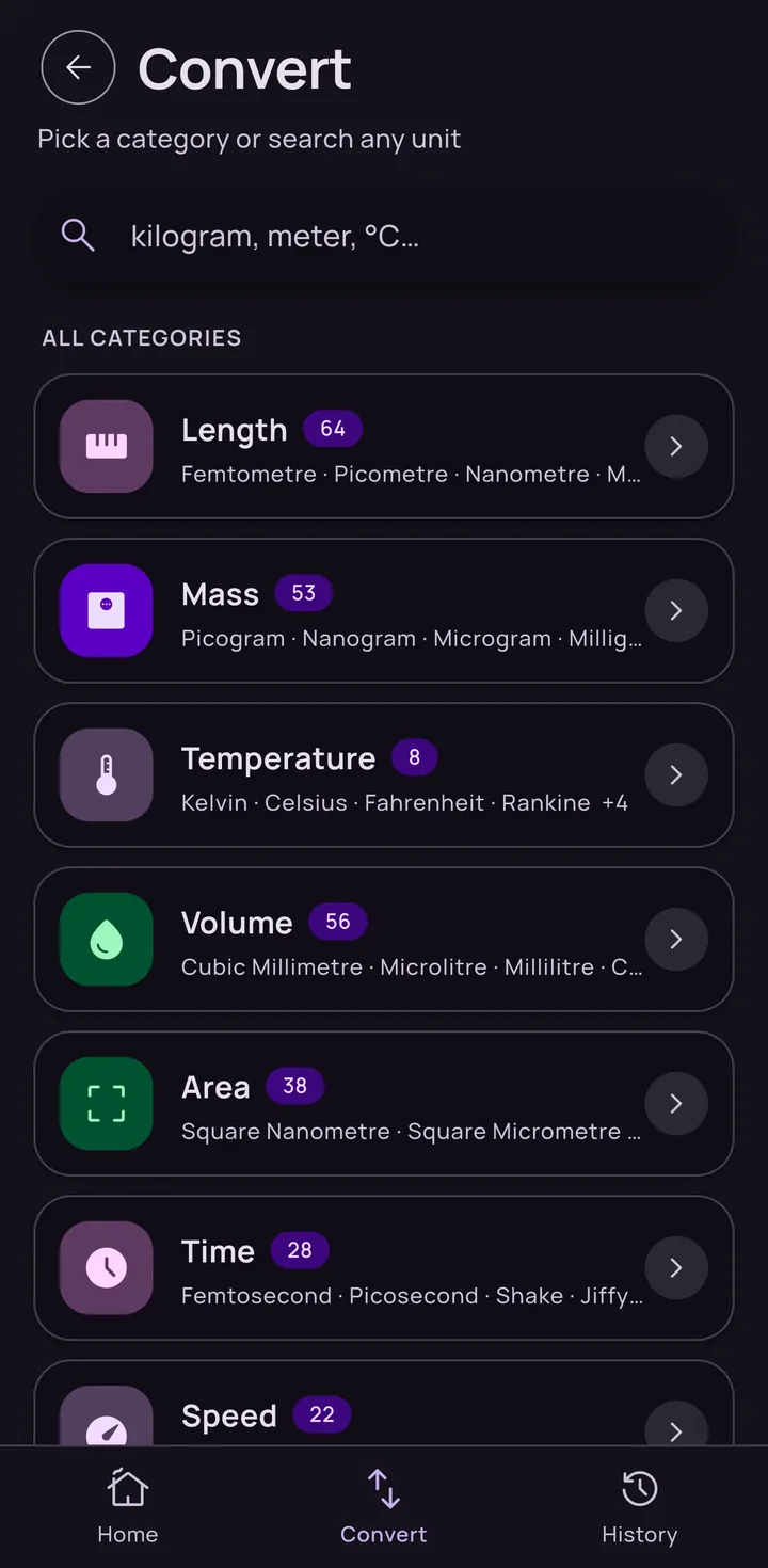Beatscale conversion catalogue with length, mass, temperature, volume, area, time, and speed categories